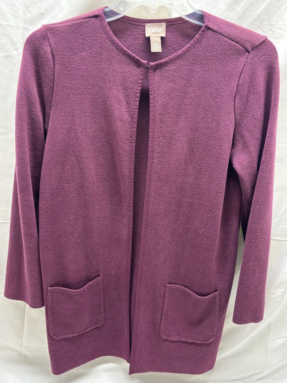 Chico's Size 1 Cardigan Womens Plum/Deep Purple Open Front Long Sleeve W Pockets